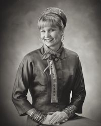Portrait of an unidentified Miss Petaluma dressed as Helen Putnam, Petaluma, California during the 1980s?