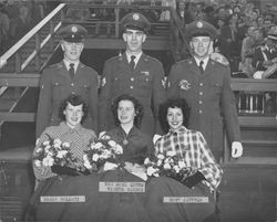 Eileen Barron, Egg Bowl queen of 1953 with attendants and military escorts, Petaluma, California, 1952