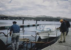 Launching a boat at Westside County Park, Bodega Bay, California, September 1973