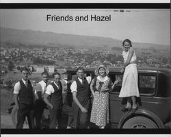 Hazel Nissen with friends standing on La Cresta Ridge overlooking Petaluma High School, Petaluma, California, about 1932