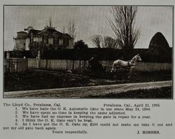 Lloyd gate at the J. Rosser farm in Petaluma, California, as shown in the Lloyd Co. catalog for 1912