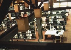Interior of the library, Petaluma, from the balcony — Calisphere