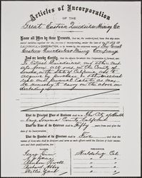 Articles of incorporation of the Great Quicksilver Mining Company, Guerneville, California, March 1875