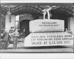 Giant egg basket in front of the Palace Hotel in San Francisco, California painted with a sign advertising "Petaluma, the world's egg basket"San Francisco, California, 1925