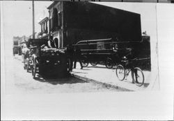 Petaluma Fire Department's "Knickerbocker No. 5" fire engine along a sidewalk, Petaluma, California, about 1910