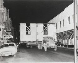 Church of One Tree being moved down B Street, Santa Rosa, California, 1957