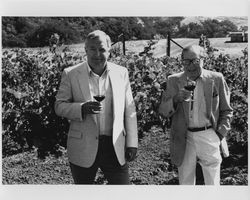 Edward Gauer and Allan Hemphill tasting wine in the vineyard, Geyserville, California, 1987