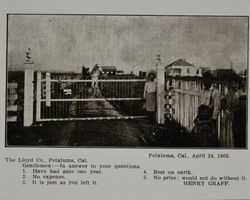 Lloyd gate at the Henry Graff farm in Petaluma, California, as shown in the Lloyd Co. catalog for 1912