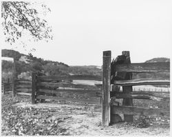 Split rail fence, oak woodland and metal reservoir tank in an unidentified location in central or north-eastern Sonoma County, 1960s or 1970s