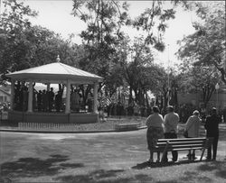 Speakers in the bandstand at an unidentified ceremony in Walnut Park, Petaluma, California, about 1952