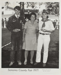 Fair exhibitors show their awards at the Sonoma County Fair, Santa Rosa, California, 1971