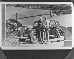 This Dodge--the first privately owned car to cross G.G. Bridge 3/30/37, [signed] J. H. Williams, F. P. Doyle