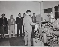 Officials receive tour of new Pacific Telephone and Telegraph Company building at 125 Liberty Street, Petaluma, California, 1951