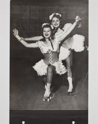 Joyce David Souza and Alice Rice performance on roller skates, 201 Fair Street, Petaluma, California, about 1949