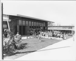 Parents enrolling their children in kindergarten at McNear School, Petaluma, California, 1961