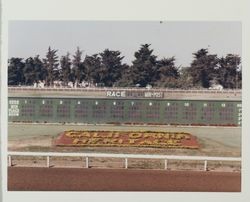 View of racetrack tote board at the Sonoma County Fair, Santa Rosa, California, 1964