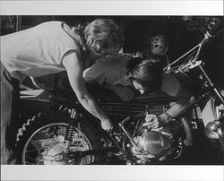 Unidentified people on motorcycles in Petaluma, California, 1973