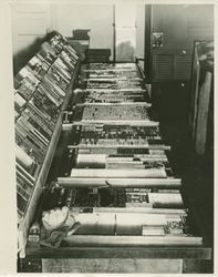 Pages of type ready to go to press at the Petaluma Argus-Courier, Petaluma, California, about 1955