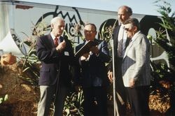 Jack Dei, Sr. and other members of the California Cooperative Creamery make a presentation at the Clover Stornetta open house held at the Clover Stornetta processing plant, 91 Lakeville Street, Petaluma, California, September 28, 1991