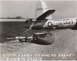 United States Army Air Corps aircraft and its disconnected landing gear, Santa Rosa Army Airfield, Santa Rosa, California, 1945