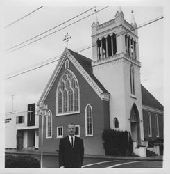 Reverend O. Victor Magnussen in front of Elim Lutheran Church, Petaluma, California, about 1945