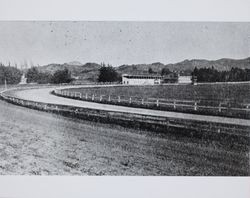View of original Sonoma County Fairgrounds racetrack and grandstand, Santa Rosa, California, 1964