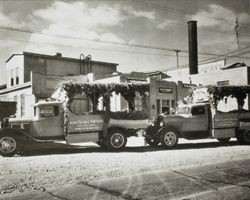 Royal Tallow & Soap Company trucks parked in front of the Biltmore Plant at 551 Lakeville Street, Petaluma, California, about 1935
