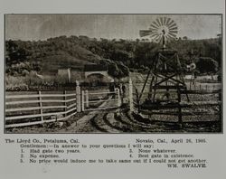 Lloyd gate at the Wm. Swalve farm in Novato, California, as shown in the Lloyd Co. catalog for 1912