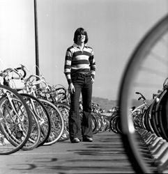 Mattei Brothers men's and women's fashions modeled amongst the bicycles at Sonoma State