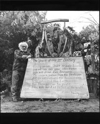 Artist Bernard Zakheim with his wooden sculpture 'The Youth of the 21st Century', Sebastopol, California, November 20, 1968