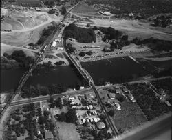 Aerial view of Healdsburg, looking east toward Memorial Beach on the Russian River, about 1946