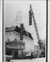 California Theatre sign being removed, Petaluma, California, 1958