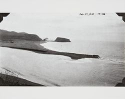 Partially destroyed jetty at the mouth of the Russian River at Jenner, California, February 27, 1937