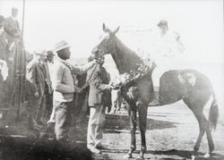 Kenilworth receiving a wreath after winning a race