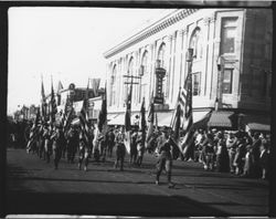 Boy Scouts marching in the Rose Parade