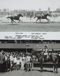 Photo finish and Winner's Circle for horse #3 "Miles City" at the Sonoma County Fair Racetrack, Santa Rosa, California