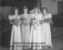 Edna Begley Nissen on her wedding day with her bridesmaids, October 12, 1940, at the First Baptist Church, Petaluma, California, 1940