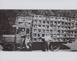 Benjamin B. Sovel by a poultry truck, Redwood Highway, Petaluma, California, in the 1930s