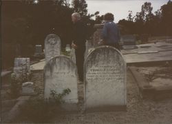 Tombstone of Philena Warner and Thomas P. Camron, Cypress Hill Cemetery, Petaluma, California, April 1990