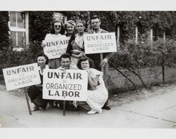 Group of striking workers of the Sunset Line and Twine Company picket in front of the plant in Petaluma, California, 1947