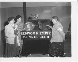 Dachshund being presented a silver lazy susan at a Redwood Empire Kennel Club show, Petaluma, California, 1958