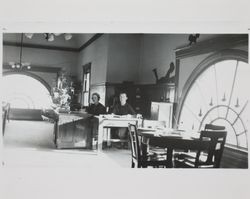 Elaine Sather and Edna Bovett at the Petaluma Carnegie Library, 20 Fourth Street, Petaluma, California, 1934