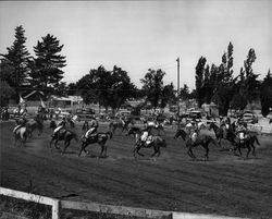 California Centaurs mounted junior drill team practicing at the Sonoma County Fairgrounds, Santa Rosa, California, 1946