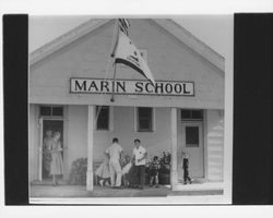 People on the porch at Marin School, Petaluma, California, 1958