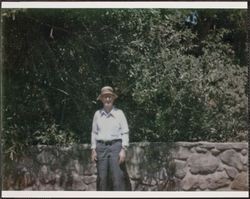 John Jay Callison standing on the Paulin Creek bridge, 2500 Mendocino Avenue, Santa Rosa, California, 1970s