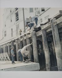 Floating dock beneath Petaluma and Santa Rosa Railroad trestle, Petaluma, California, 1965