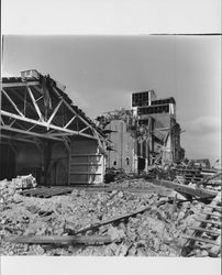 View of the dismantling of the Golden Eagle Milling Company warehouse, Petaluma, California, 1965