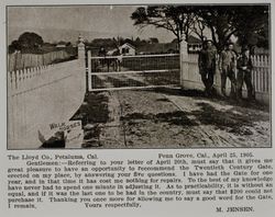 Lloyd gate at M. Jensen farm in Penngrove, California, as shown in the Lloyd Co. catalog for 1912