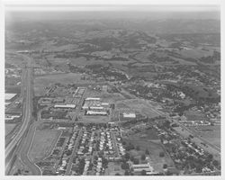 Aerial view of neighborhood north of Steele Lane and the Sonoma County Administration Center, Santa Rosa, California, 1970