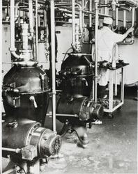 Unidentified man working on a separator at the Petaluma Cooperative Creamery, about 1955